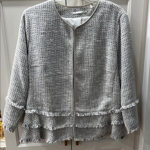 Tahari Chic Gray Tweed Jacket with Fringe Details office chic Large L